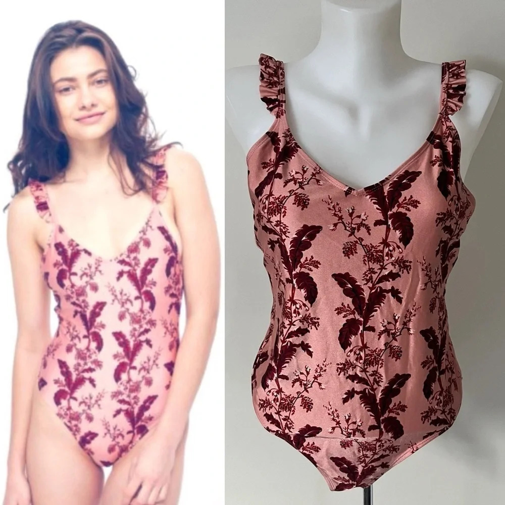 Topshop Pink Floral Velvet-Print One-Piece Swimsuit